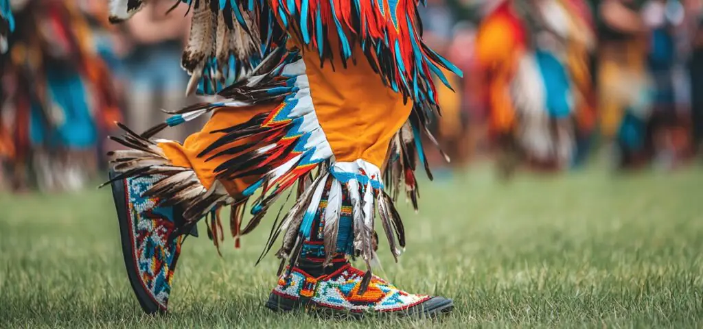 À l’époque, la Loi sur les Indiens avait pour but l’assimilation des Premières Nations. Pieds d'une personne autochtone qui danse vêtue d'habits traditionnels.