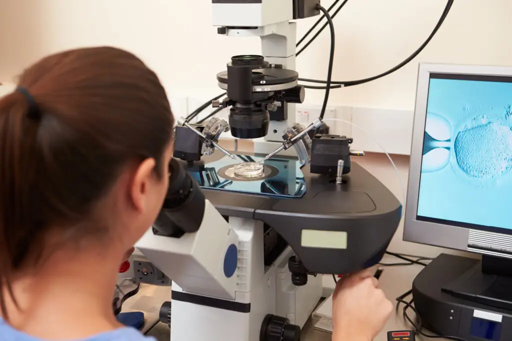 A doctor uses a specialized microscope in a laboratory to inject an egg with sperm. A video of the injection is displayed on a screen beside the microscope.