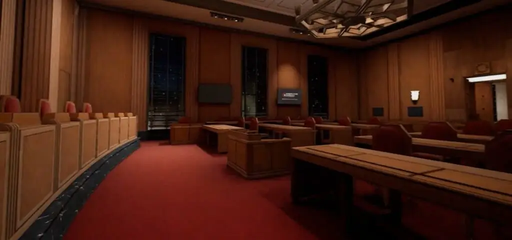 Explorez la Cour suprême du Canada via un jeu vidéo Une reproduction de la Cour suprême du Canada tirée du jeu vidéo Échos de la Cour.