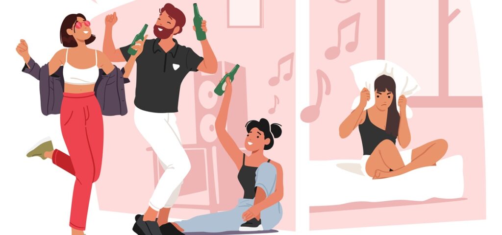 Une soirée arrosée Femme souffrant du bruit d'une fête dans l'appartement voisin.
